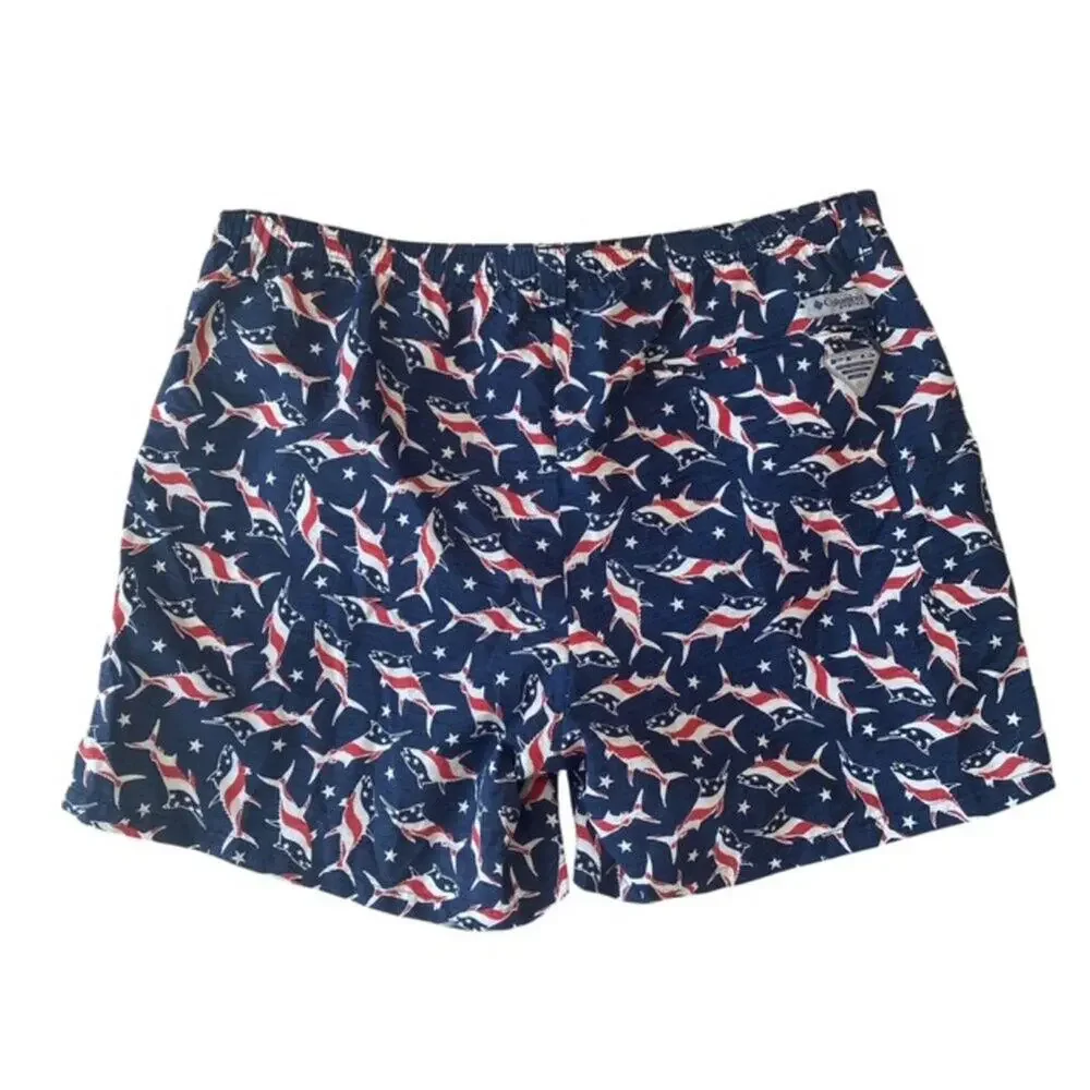 Columbia PFG Red, White and Navy Blue Shark Swim Trunks - Size XL